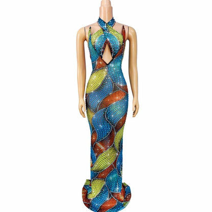 CELESINYI Caisehong Crystal Rainbow Party Dress