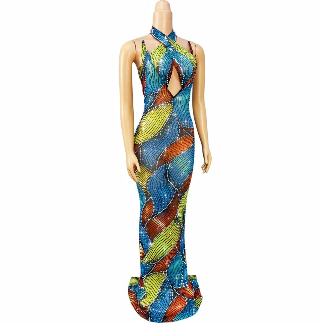 CELESINYI Caisehong Crystal Rainbow Party Dress