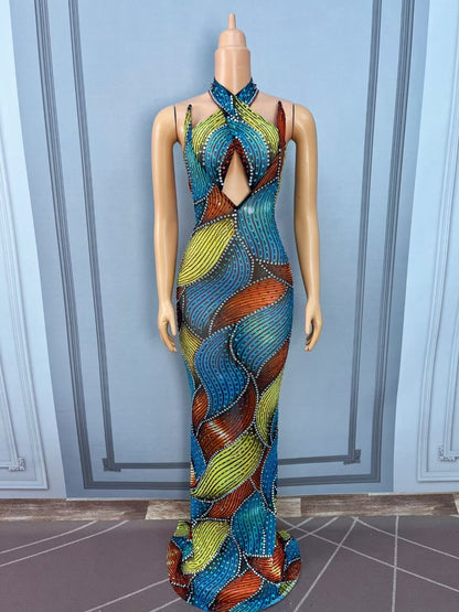 CELESINYI Caisehong Crystal Rainbow Party Dress