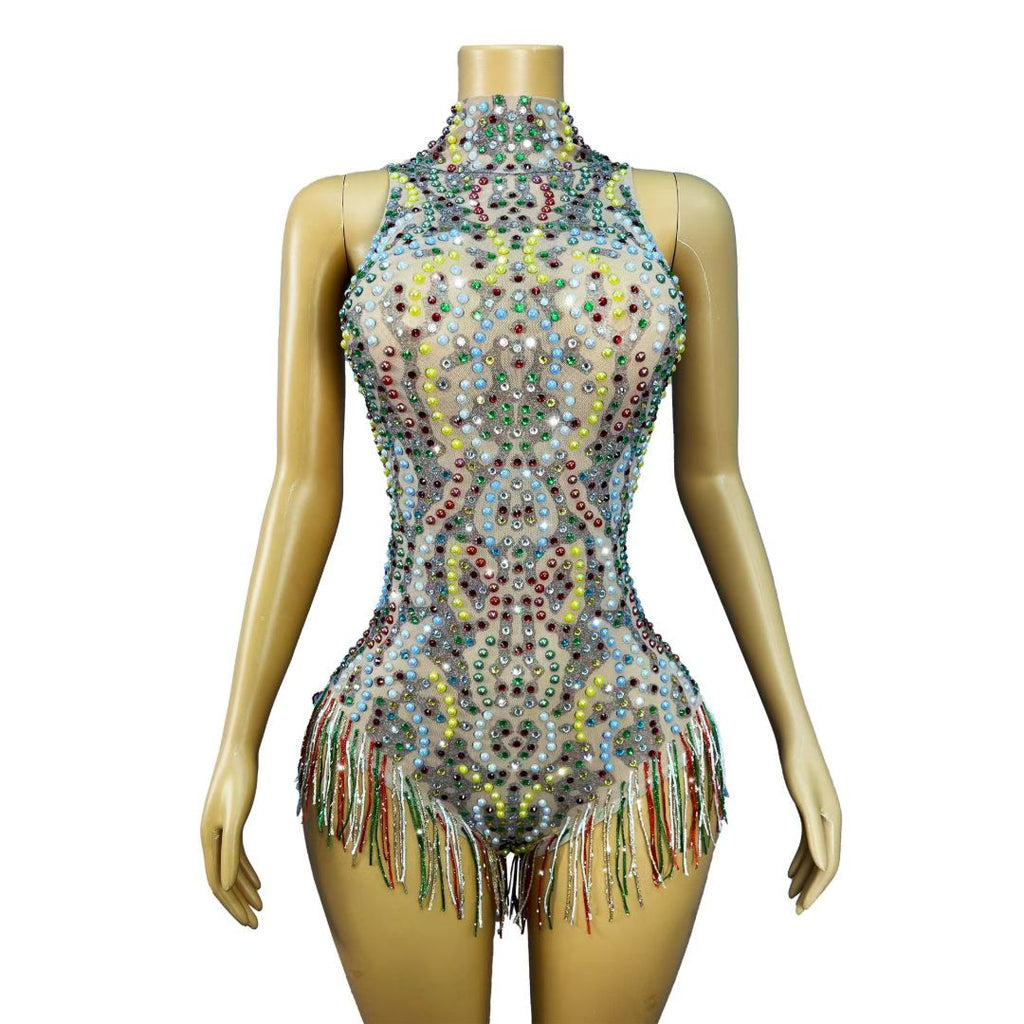 CELESINYI Caihongqiao Rainbow Crystal Fringe Bodysuit