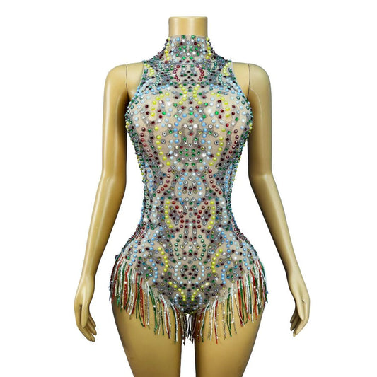 CELESINYI Caihongqiao Rainbow Crystal Fringe Bodysuit