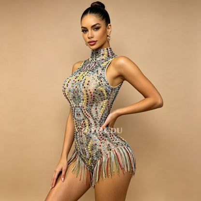CELESINYI Caihongqiao Rhinestone Rainbow Party Dress