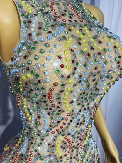 CELESINYI Caihongqiao Rhinestone Rainbow Party Dress