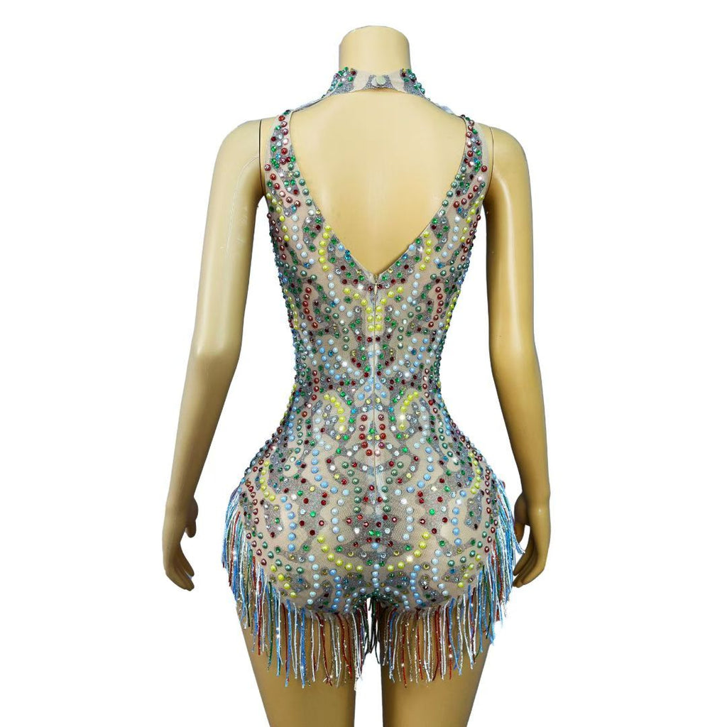 CELESINYI Caihongqiao Rainbow Crystal Fringe Bodysuit