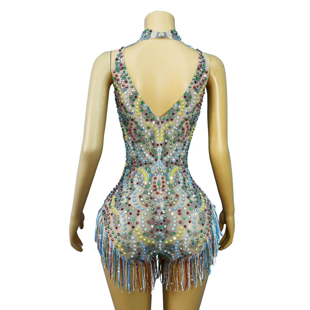 CELESINYI Caihongqiao Rainbow Crystal Fringe Bodysuit