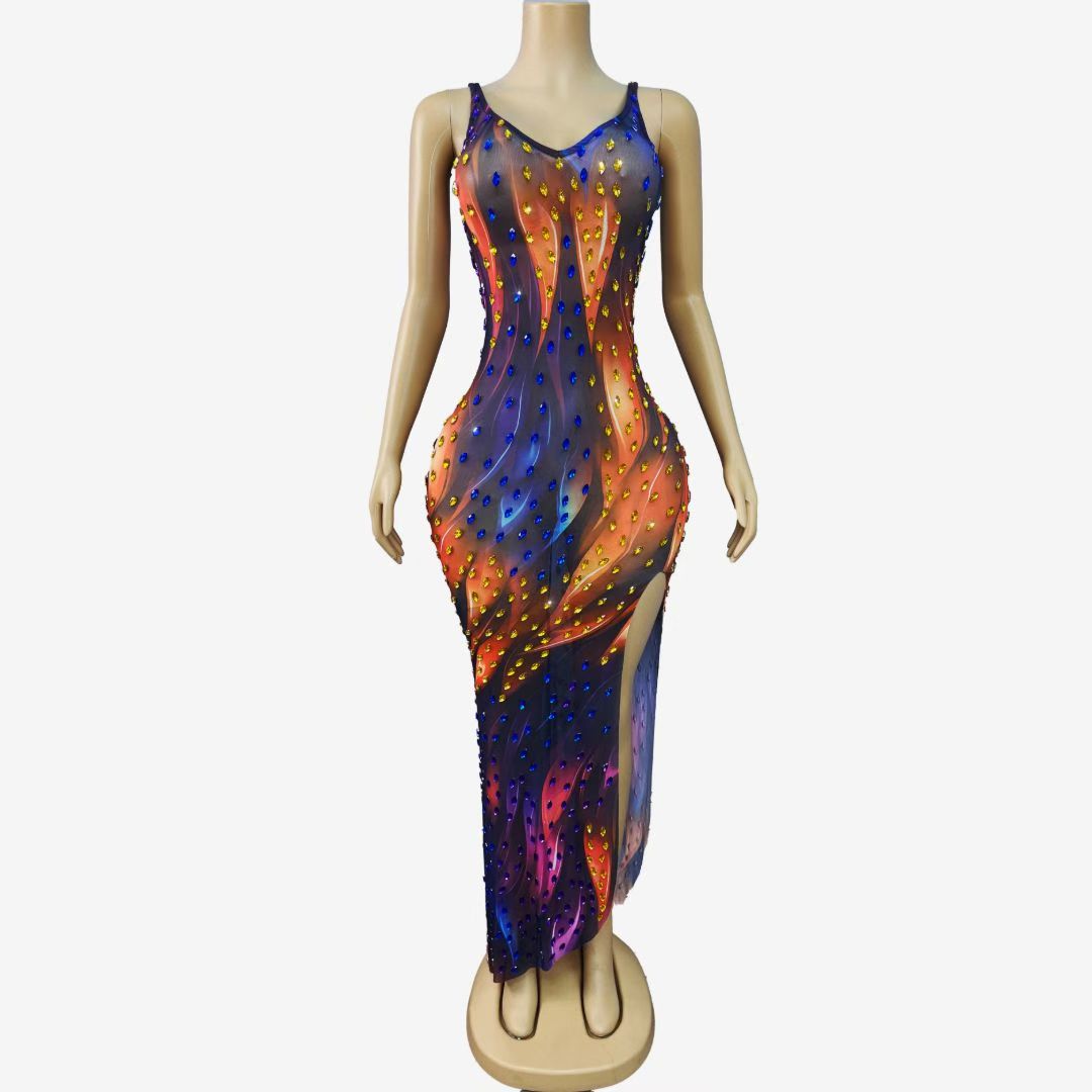 CELESINYI Caidi Crystal Drop Print Party Dress