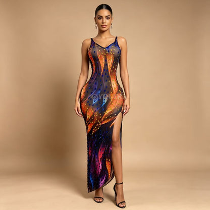 CELESINYI Caidi Crystal Drop Print Party Dress