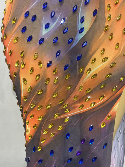 CELESINYI Caidi Crystal Drop Print Party Dress