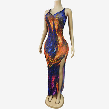 CELESINYI Caidi Crystal Drop Print Party Dress