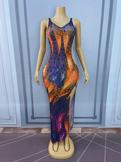 CELESINYI Caidi Crystal Drop Print Party Dress