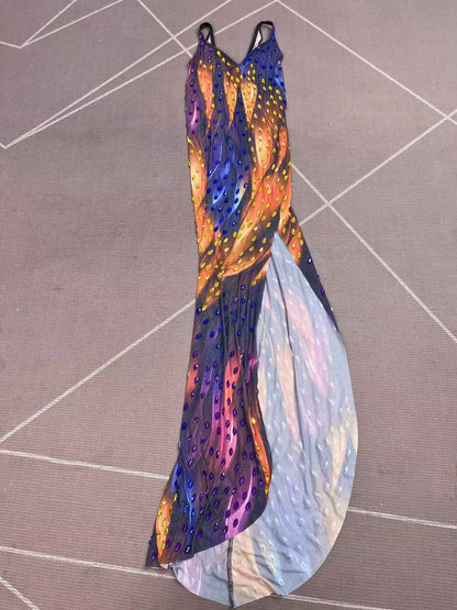 CELESINYI Caidi Crystal Drop Print Party Dress