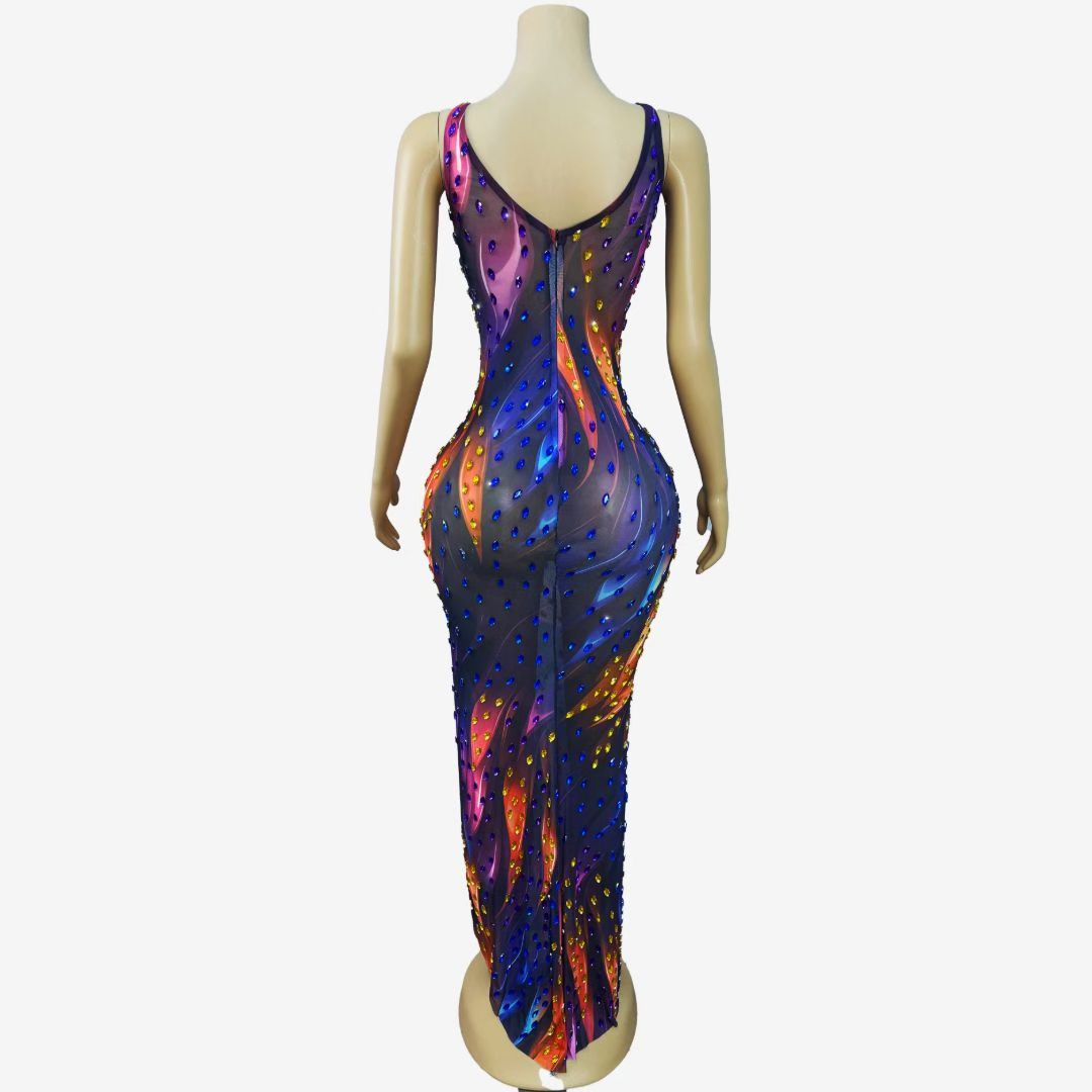 CELESINYI Caidi Crystal Drop Print Party Dress