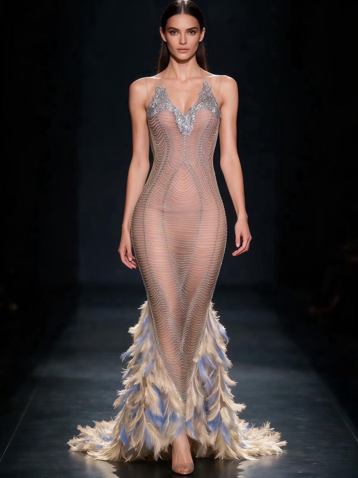 CELESINYI Jinghongyu Crystal Pearl Feather Mermaid Gown