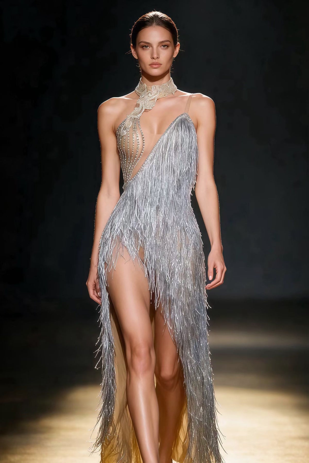 CELESINYI Zhanchunhui Crystal Silver Fringe Gown