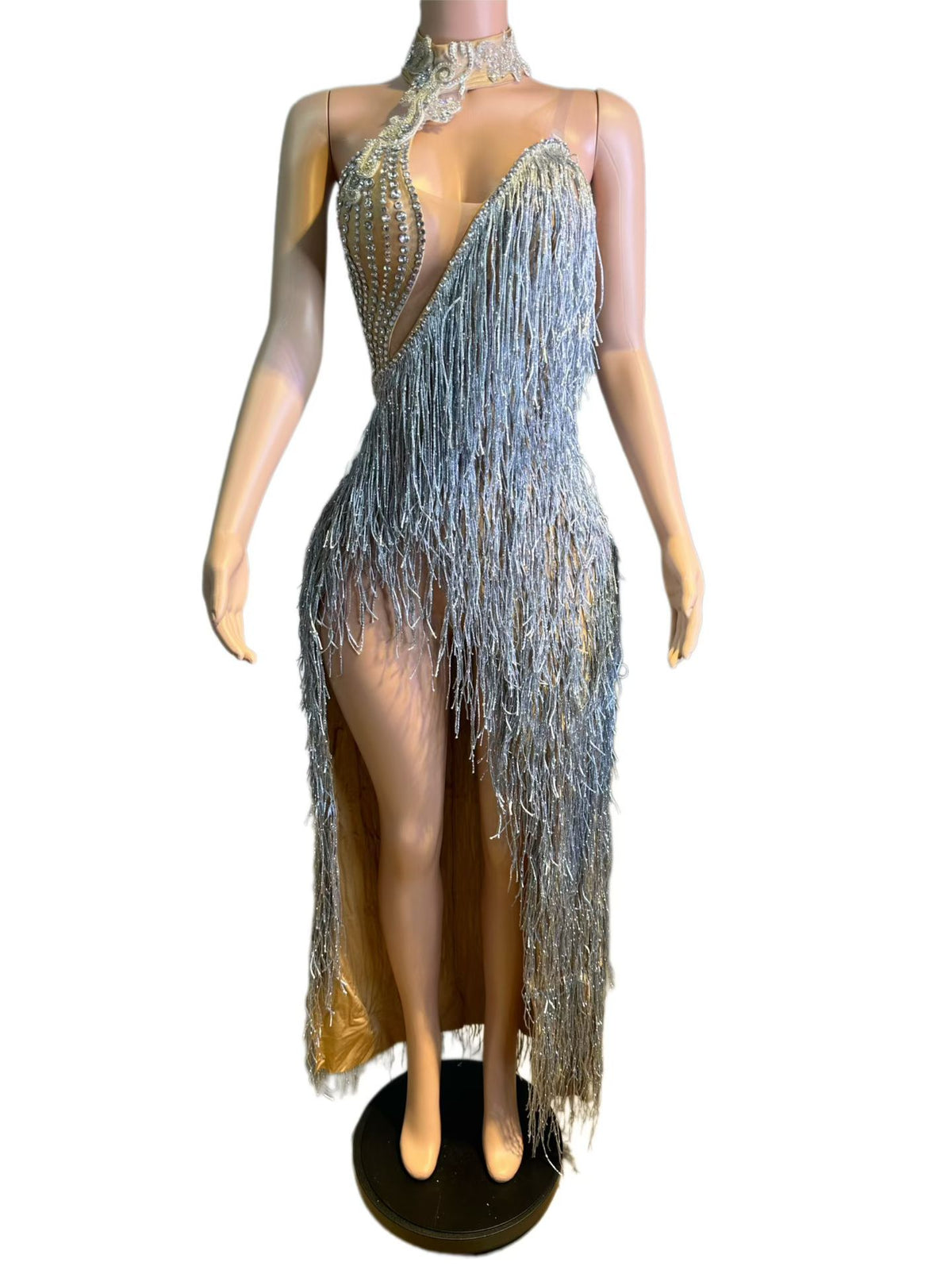 CELESINYI Zhanchunhui Crystal Silver Fringe Gown