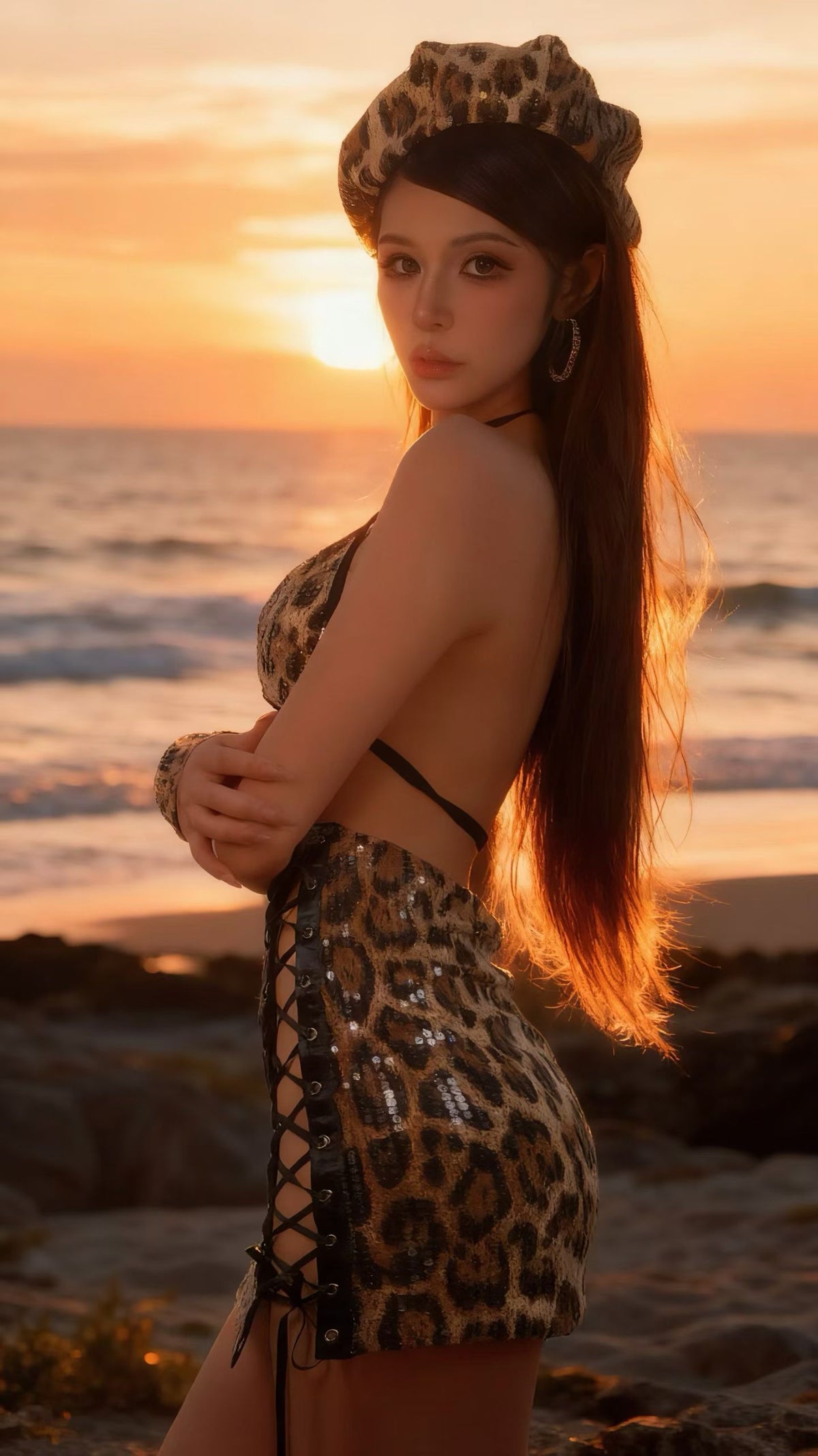 CELESINYI Yebao Crystal Leopard Print Two-Piece Set