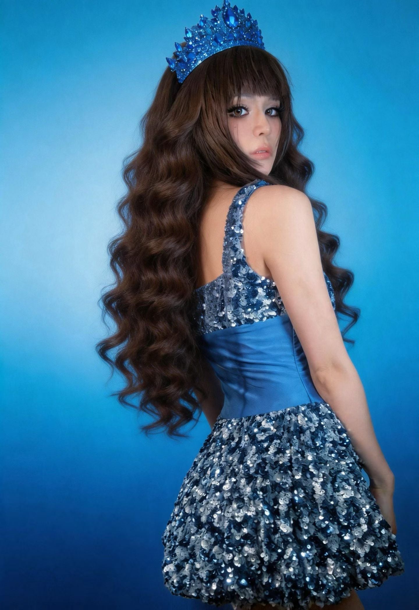 CELESINYI Lanqi Crystal Ice Blue A-Line Mini Dress