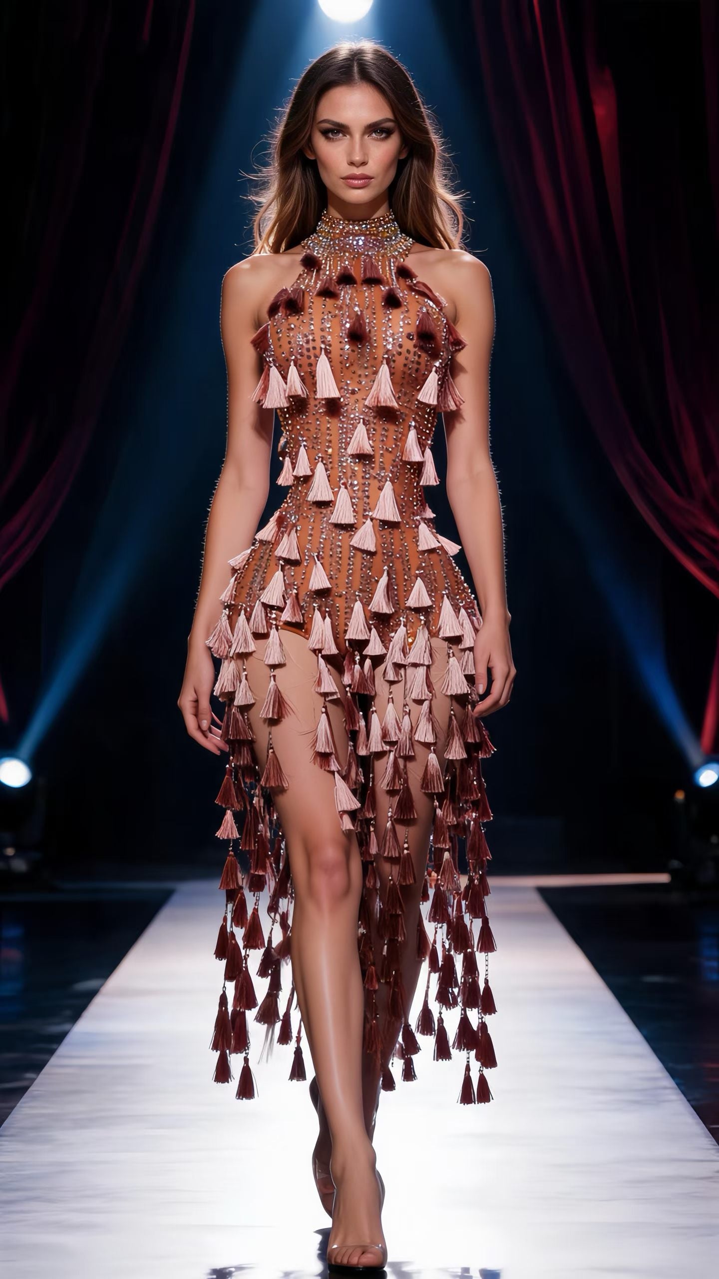 CELESINYI Jiaotang Crystal Caramel Fringe Bodysuit