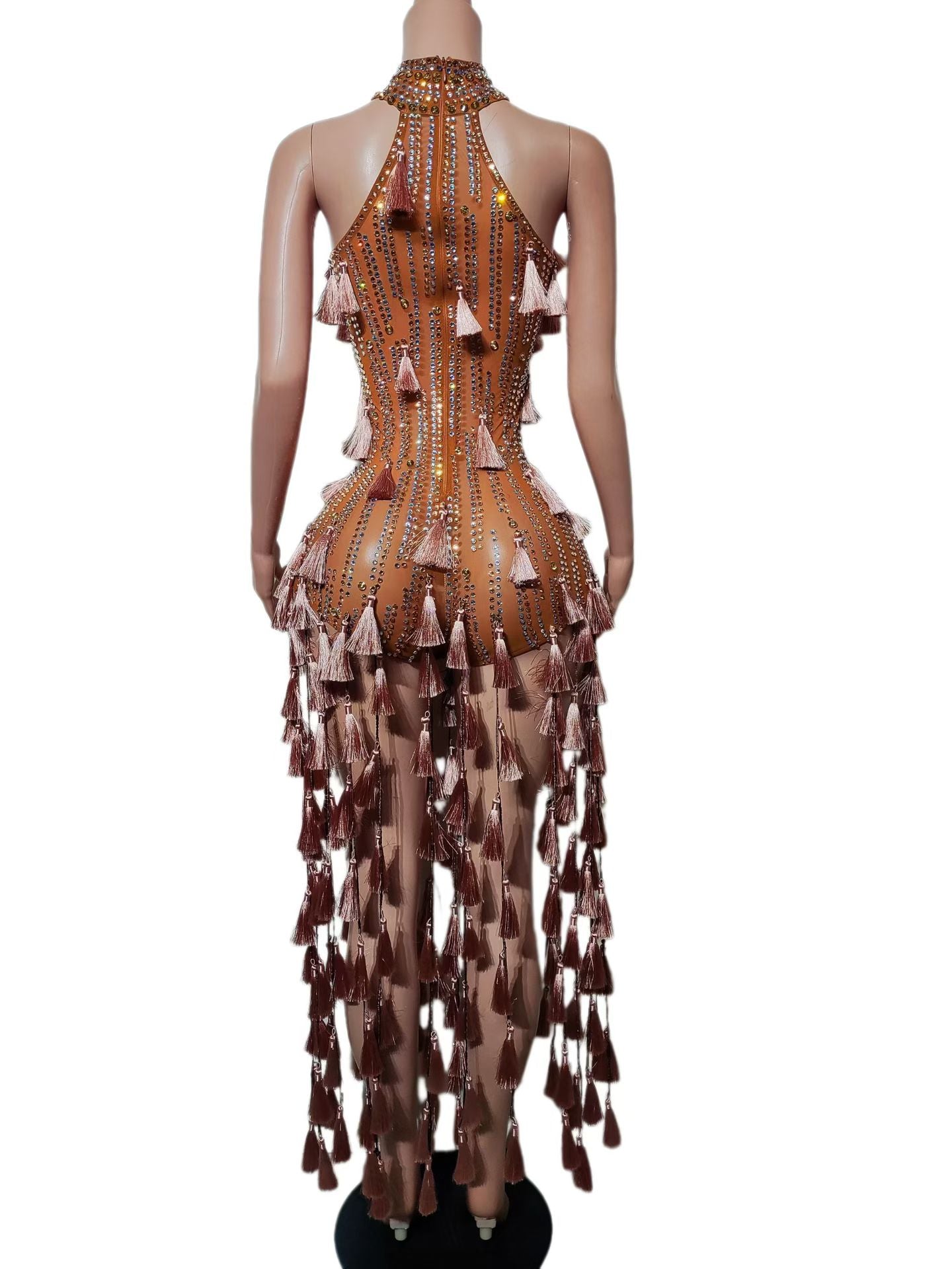 CELESINYI Jiaotang Crystal Caramel Fringe Bodysuit