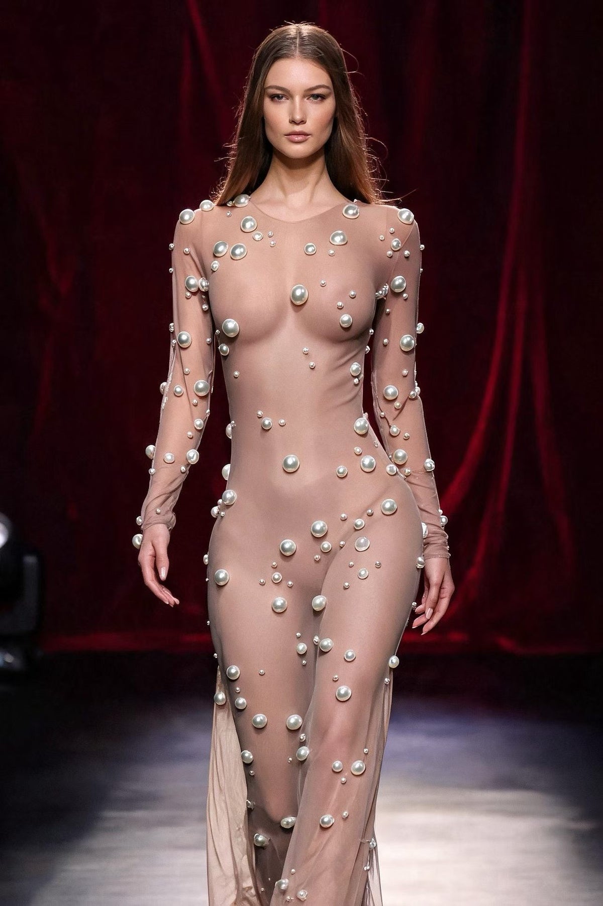 CELESINYI Mijianzhu Crystal Pearl Nude Slip Dress