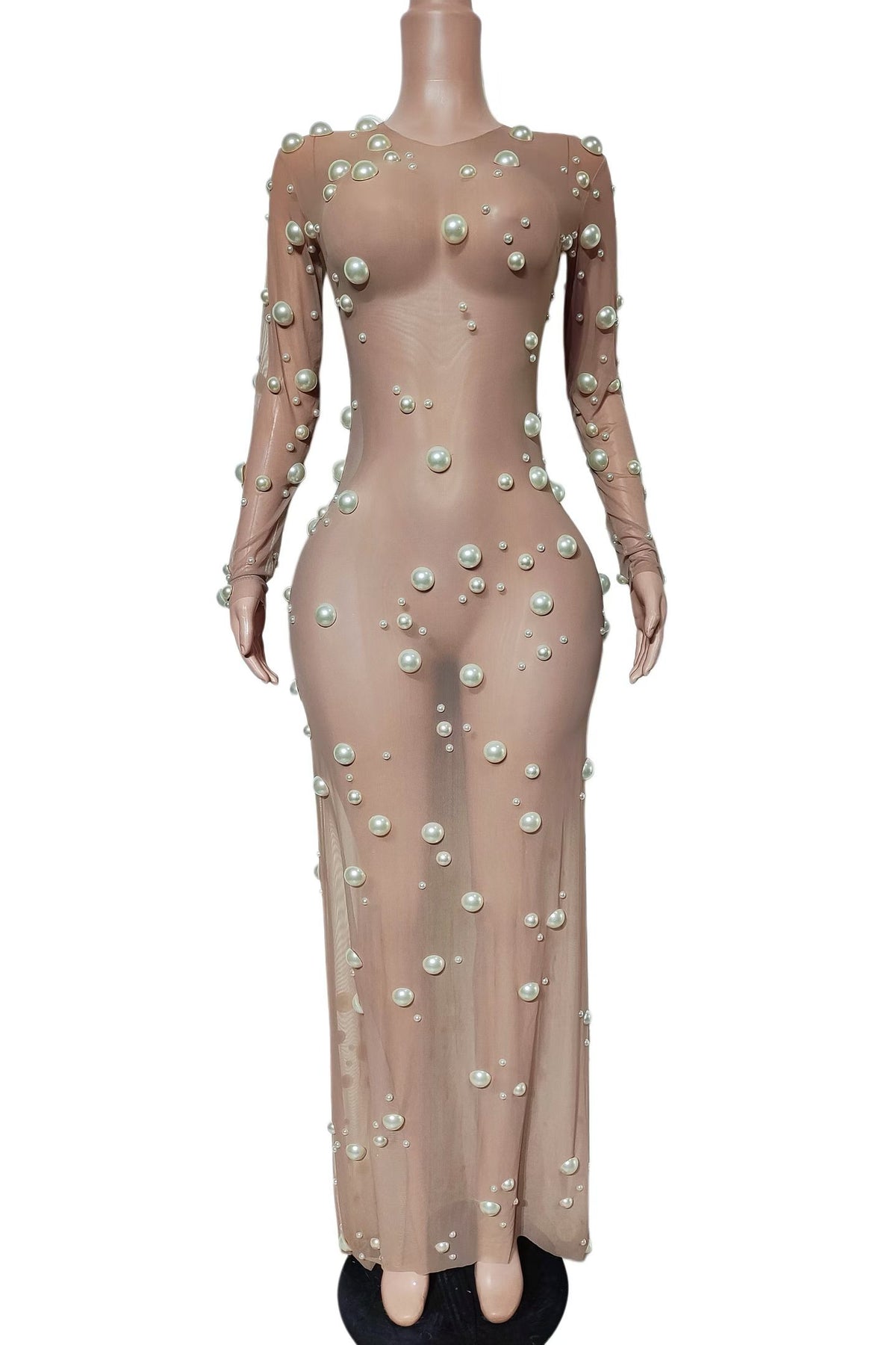 CELESINYI Mijianzhu Crystal Pearl Nude Slip Dress