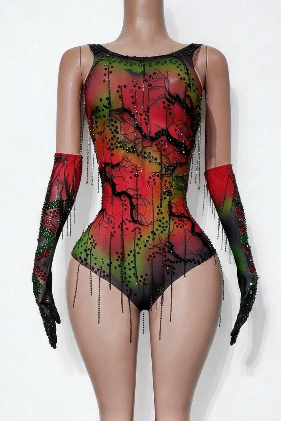 CELESINYI Kuteng Crystal Vine Print High-Cut Bodysuit