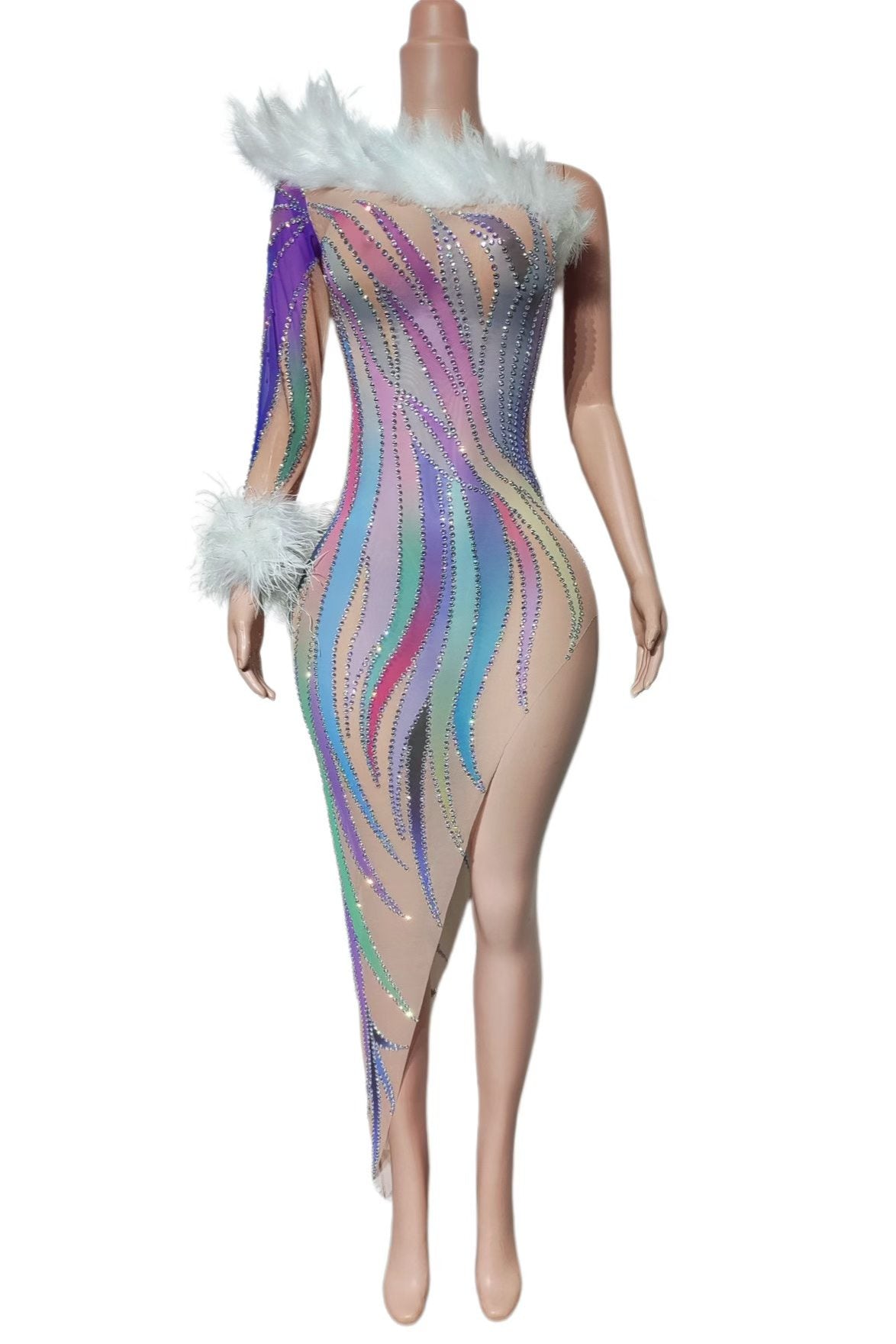 CELESINYI Yumaoqiu Crystal Rainbow Fur Trim Dress