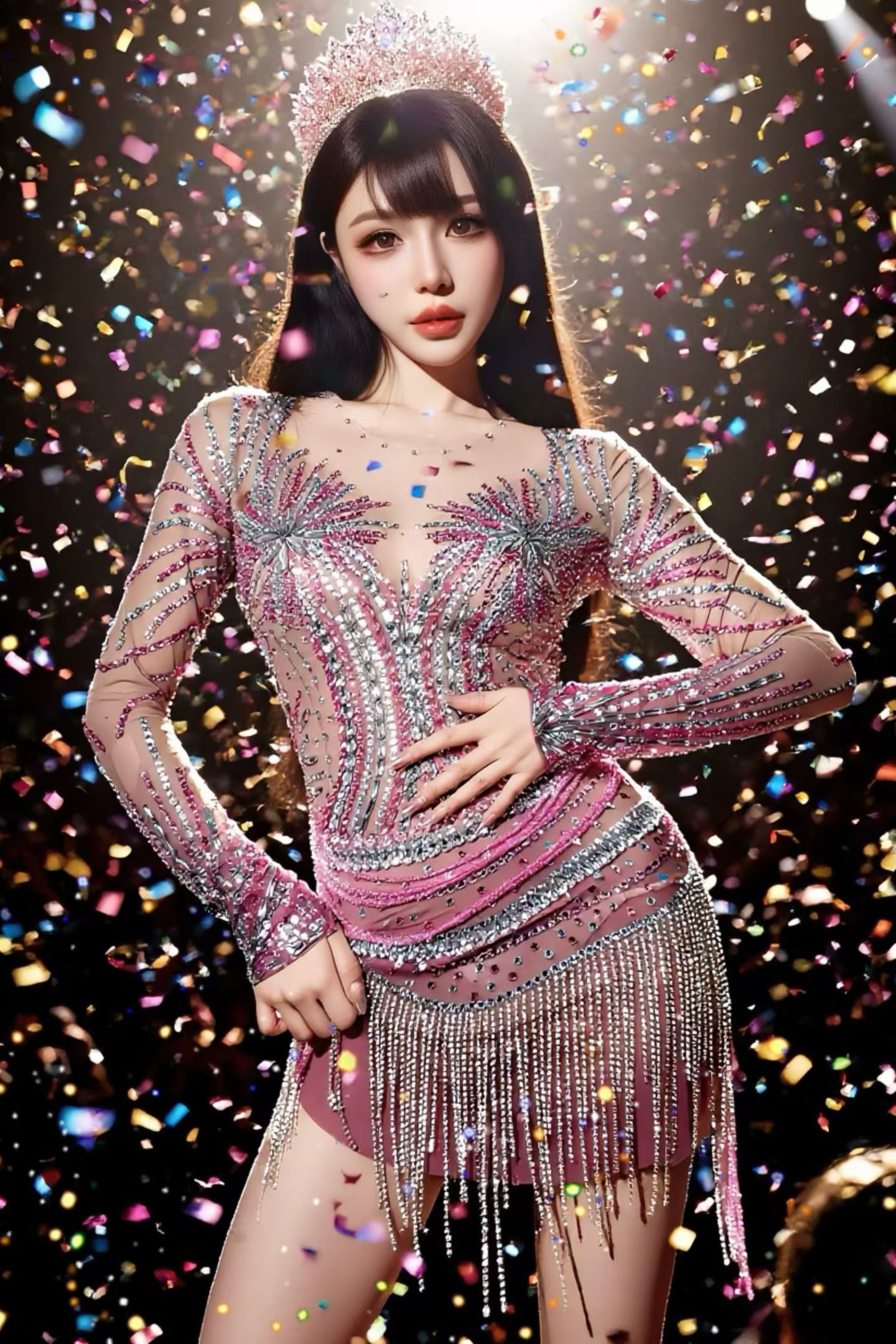 CELESINYI Feilinfen Crystal Illusion Sparkle Mini Dress