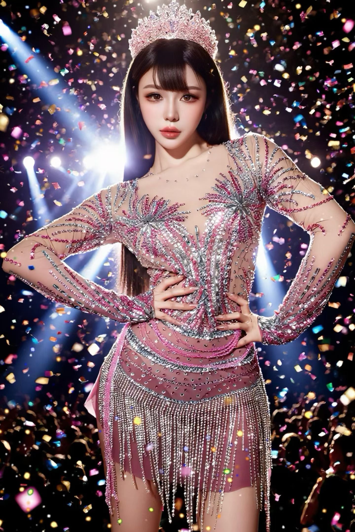 CELESINYI Feilinfen Crystal Illusion Sparkle Mini Dress