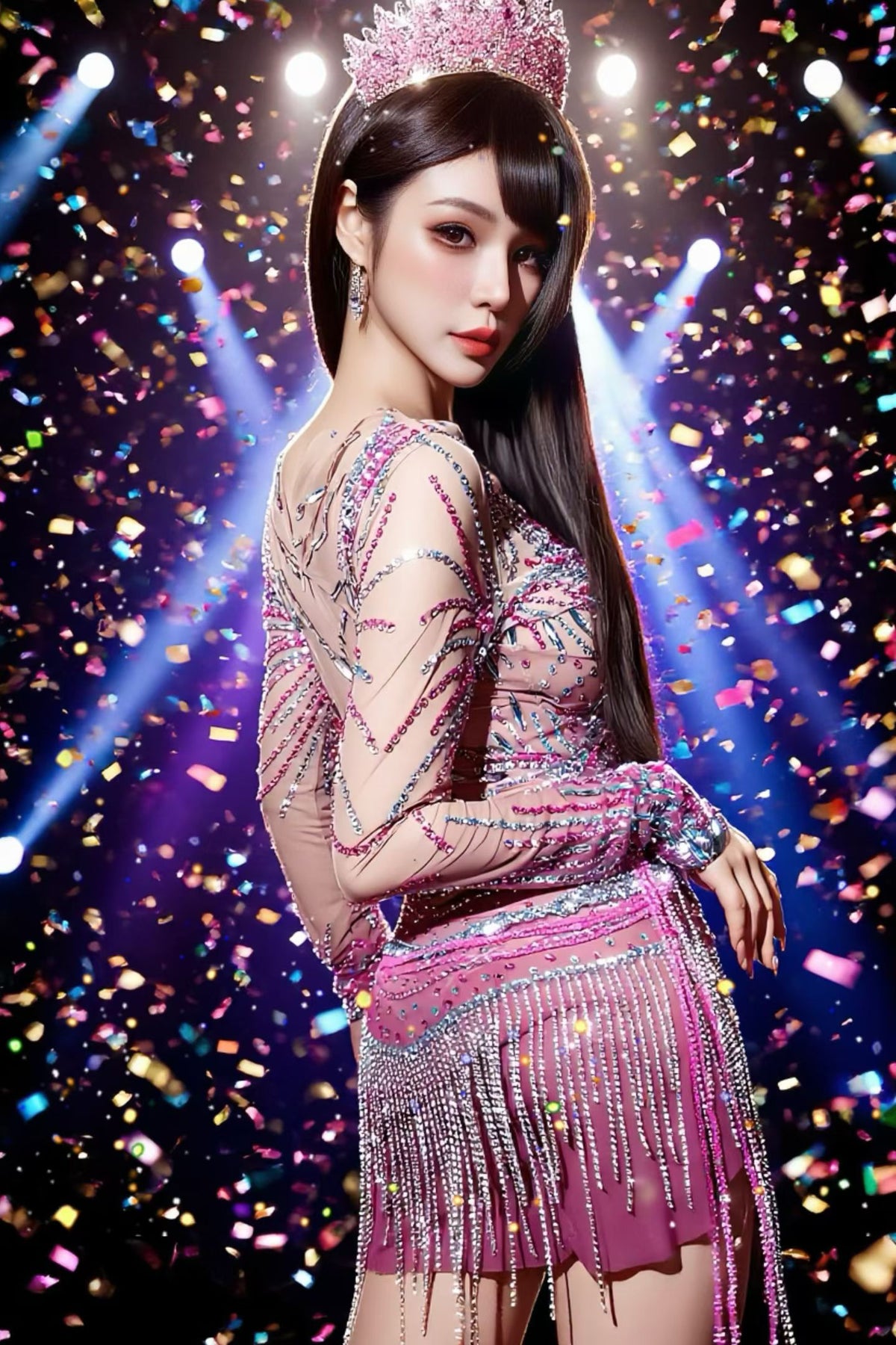 CELESINYI Feilinfen Crystal Illusion Sparkle Mini Dress