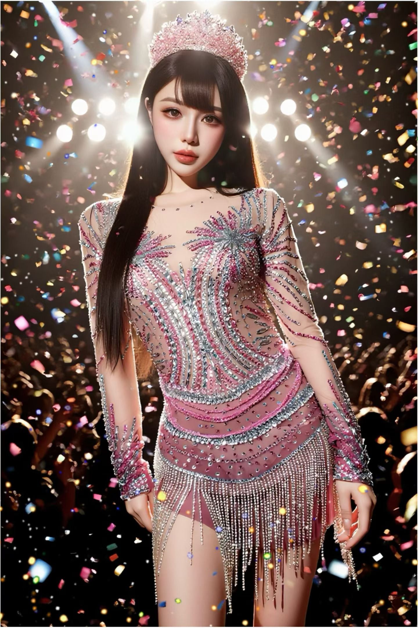 CELESINYI Feilinfen Crystal Illusion Sparkle Mini Dress