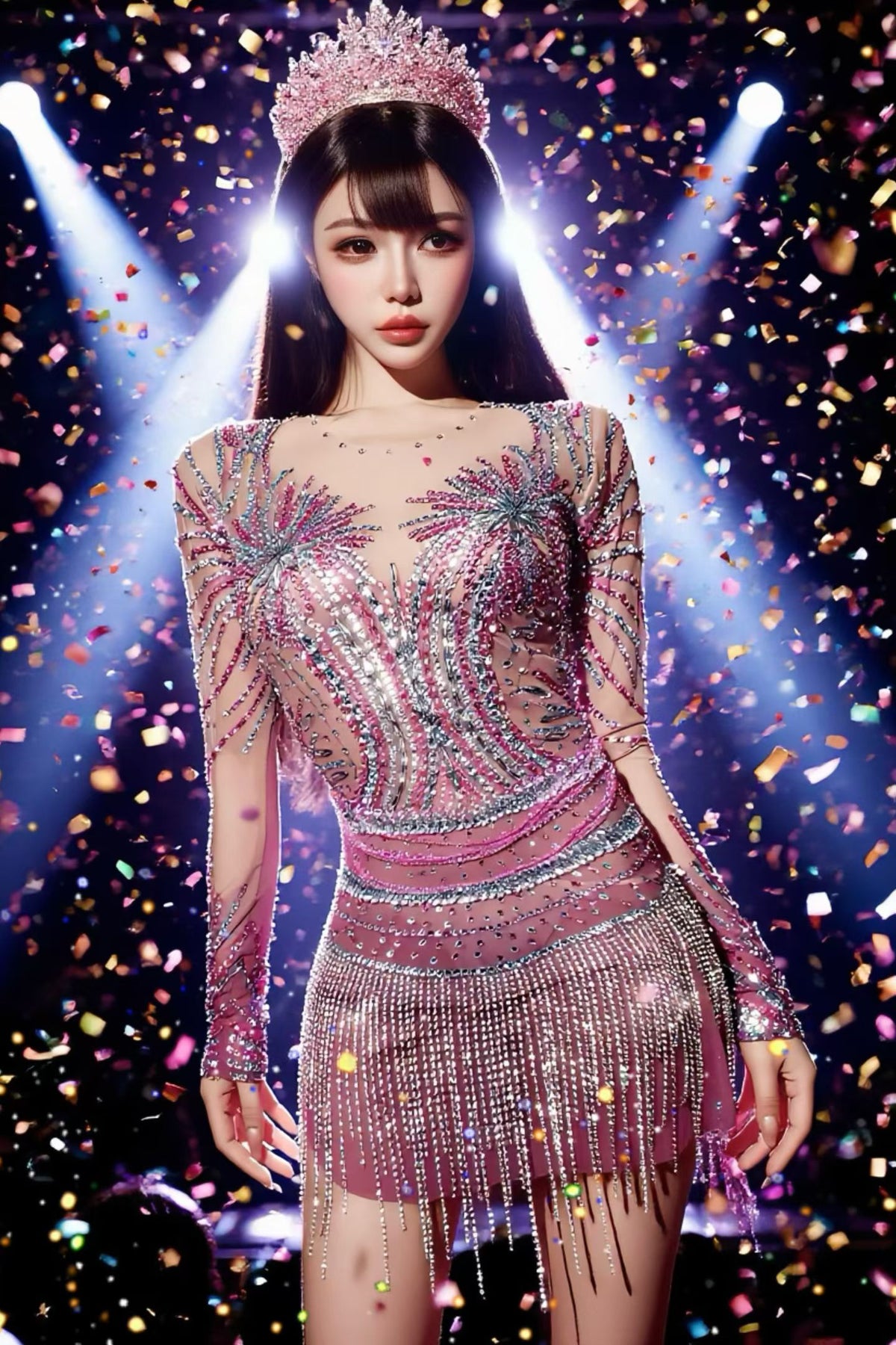 CELESINYI Feilinfen Crystal Illusion Sparkle Mini Dress