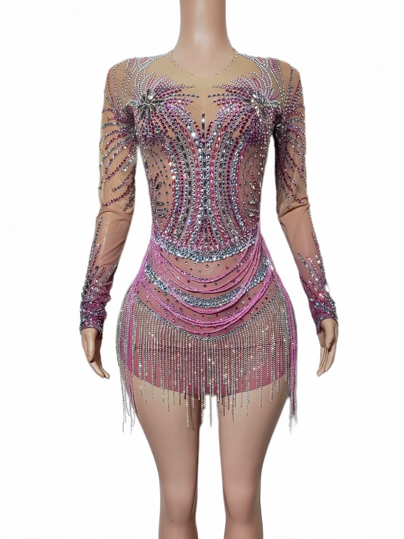 CELESINYI Feilinfen Crystal Illusion Sparkle Mini Dress