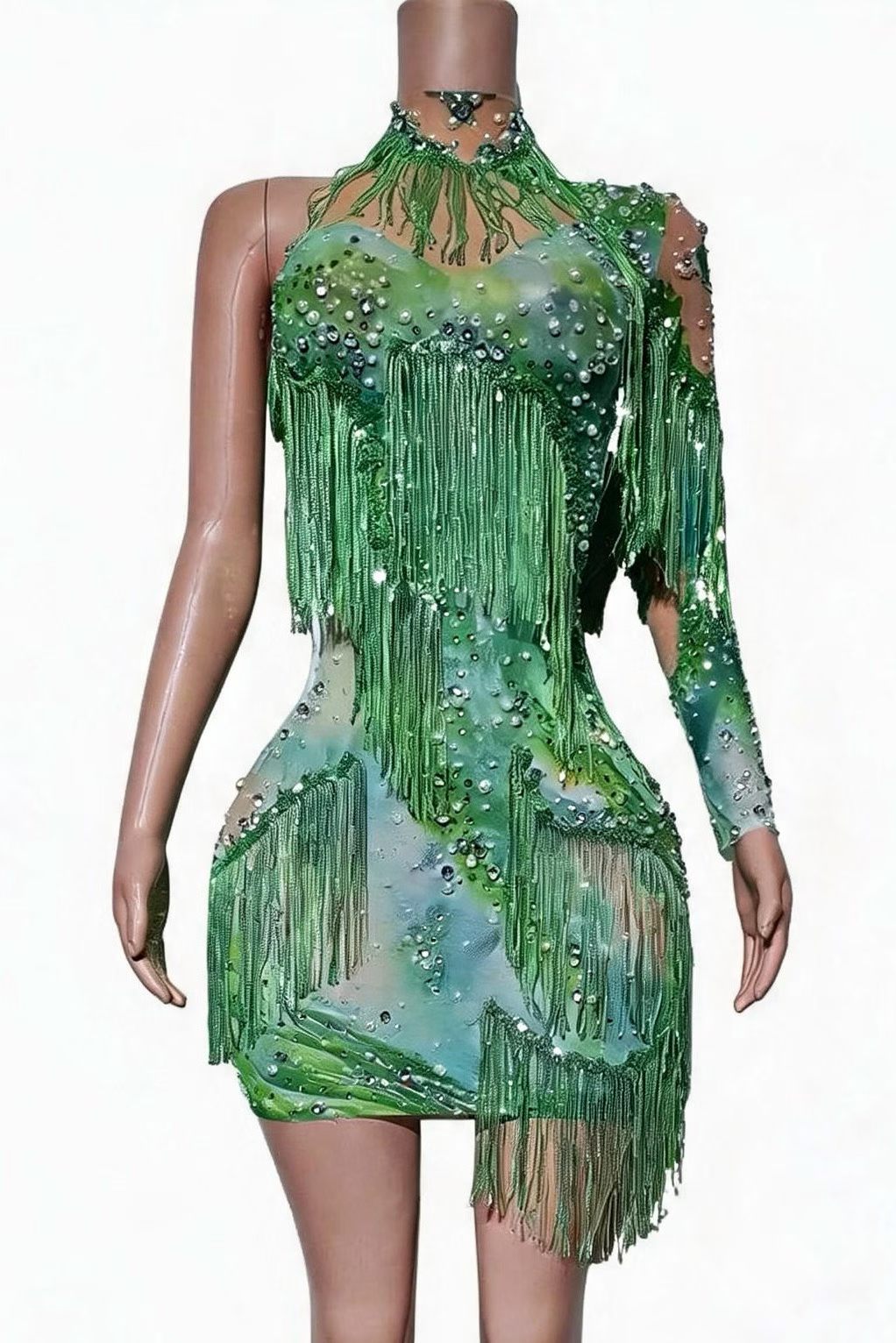 CELESINYI Lvyin Crystal Emerald Fringe Mini Dress