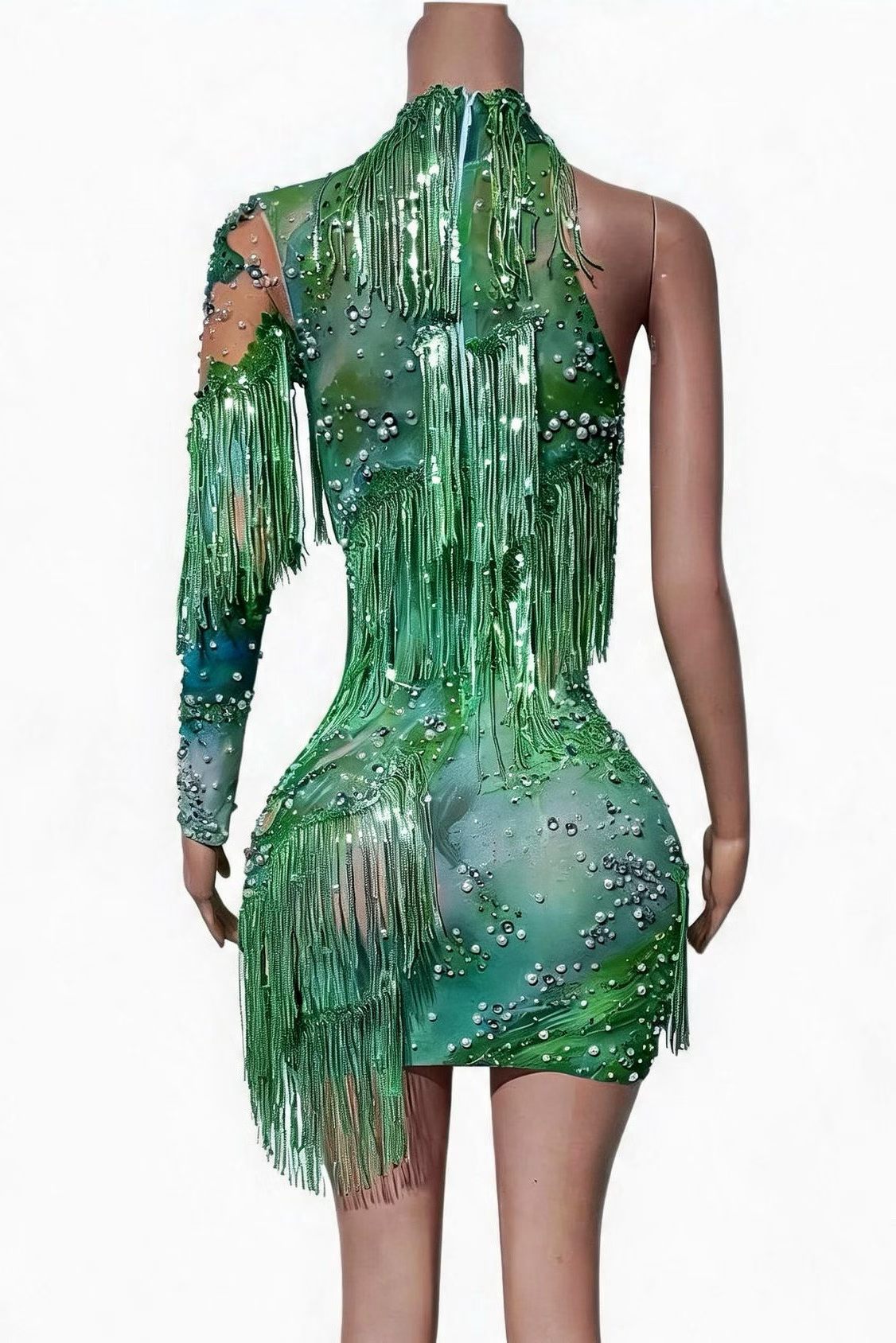 CELESINYI Lvyin Crystal Emerald Fringe Mini Dress