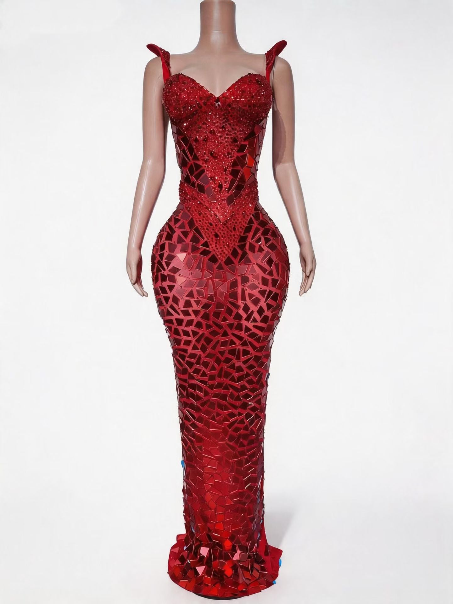 CELESINYI Hongjingpian Crystal Ruby Mirror Mermaid Gown
