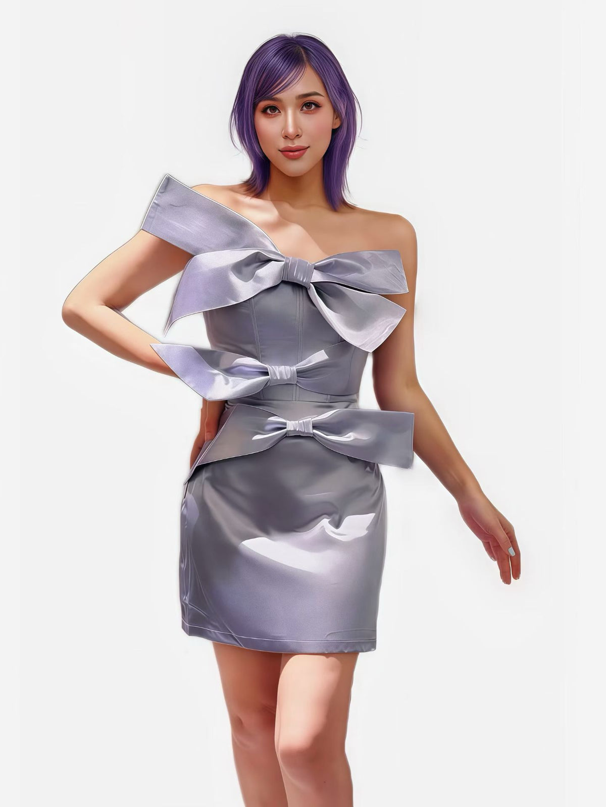 CELESINYI Puzidie Butterfly Bow Satin Mini Dress