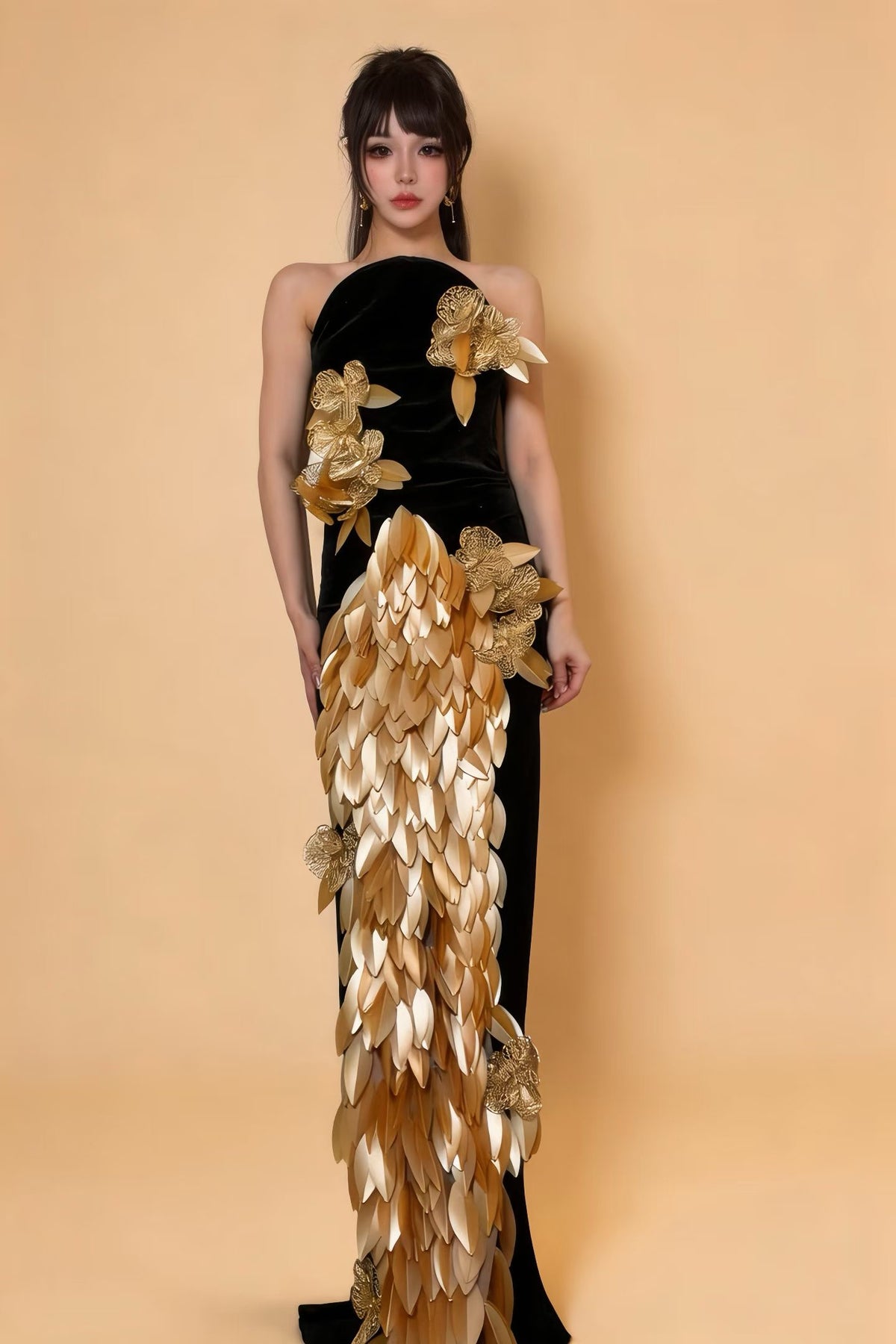 CELESINYI Zhongqiu Crystal Black Velvet Gold Gown
