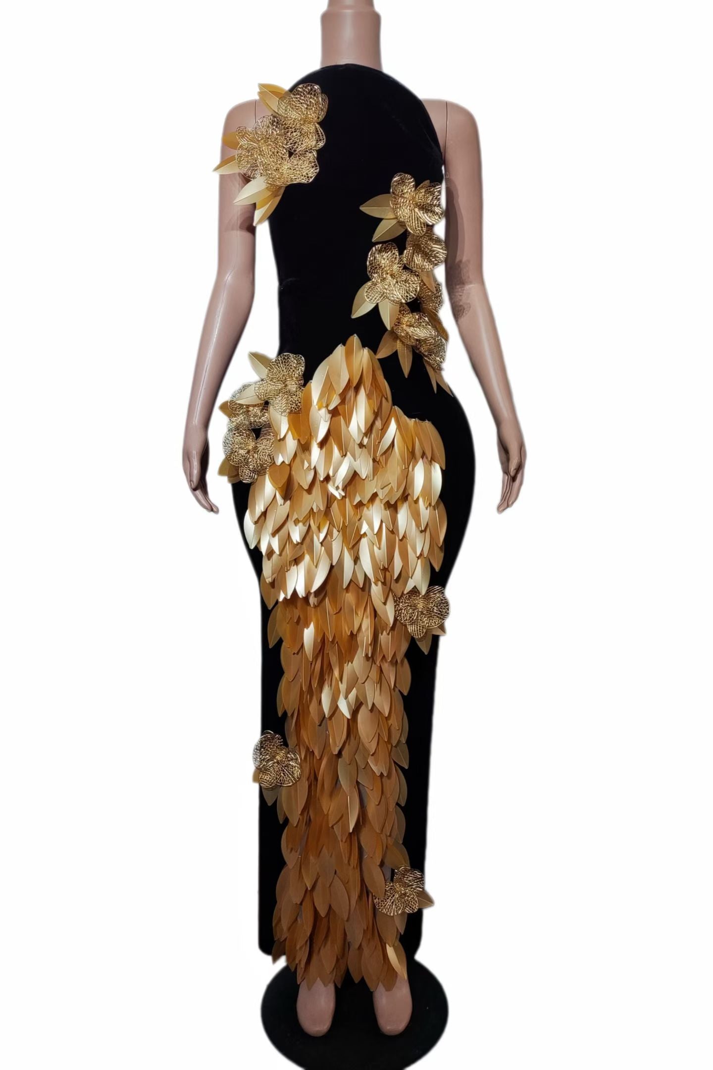 CELESINYI Zhongqiu Crystal Black Velvet Gold Gown