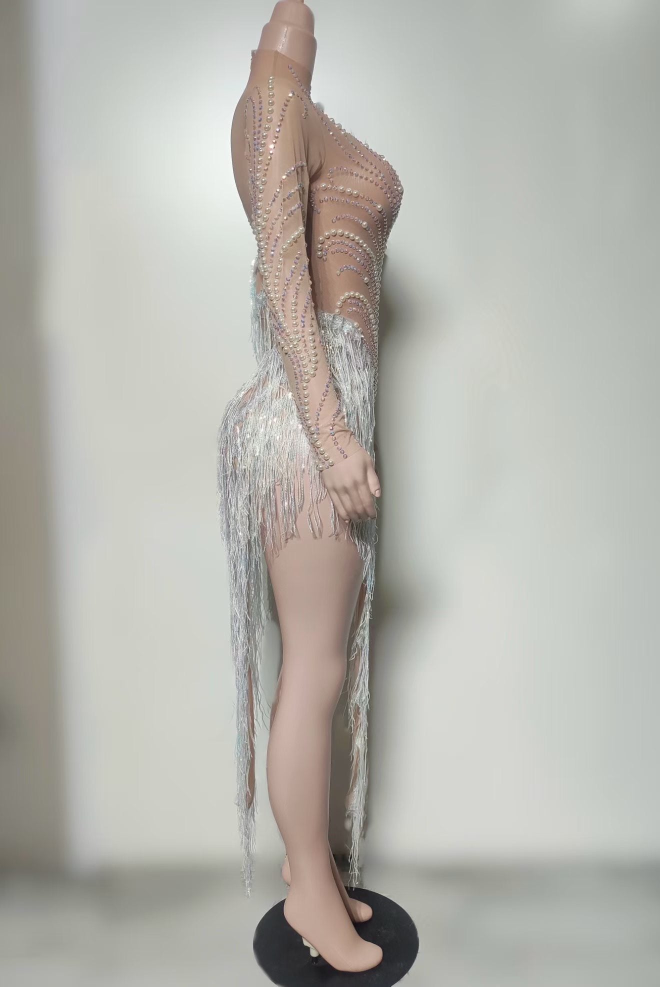 CELESINYI Yezizhu Crystal Pearl Fringe Mini Dress