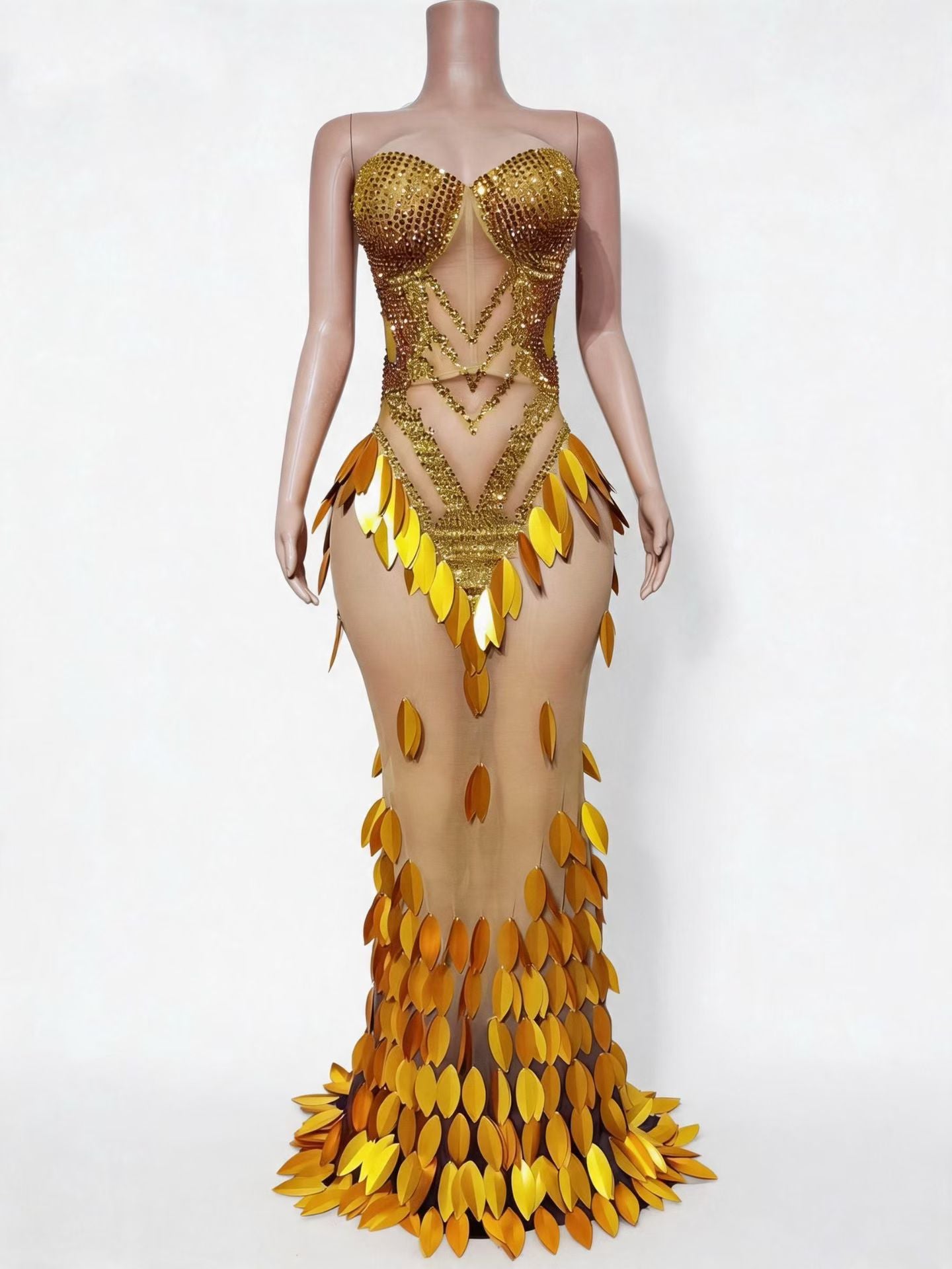 CELESINYI Yuanbao Crystal Golden Mermaid Gown