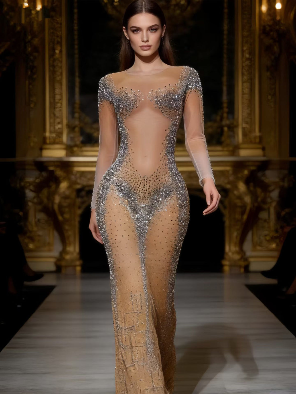 CELESINYI Suiying Crystal Liquid Silver Naked Dress