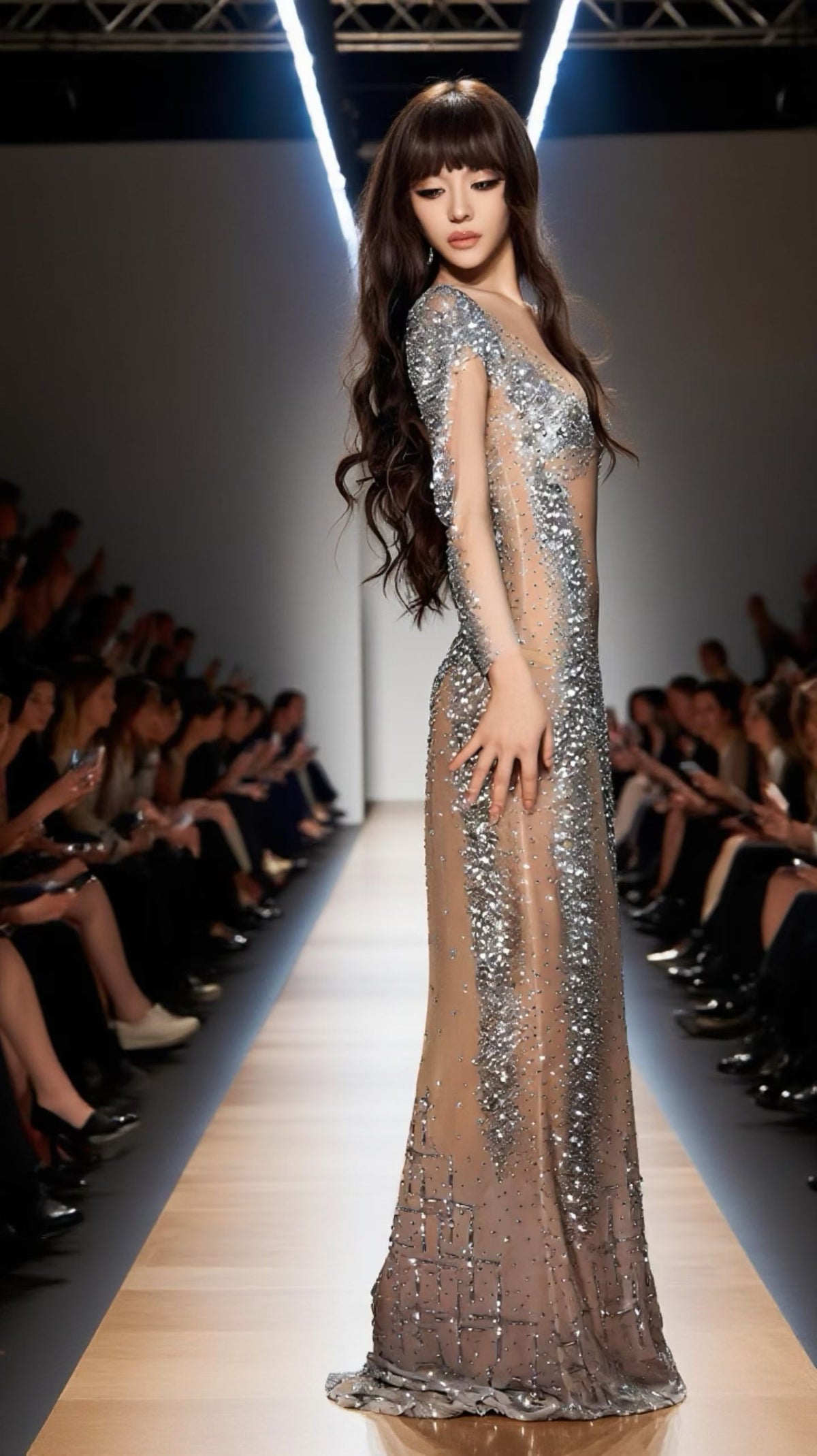 CELESINYI Suiying Crystal Liquid Silver Naked Dress