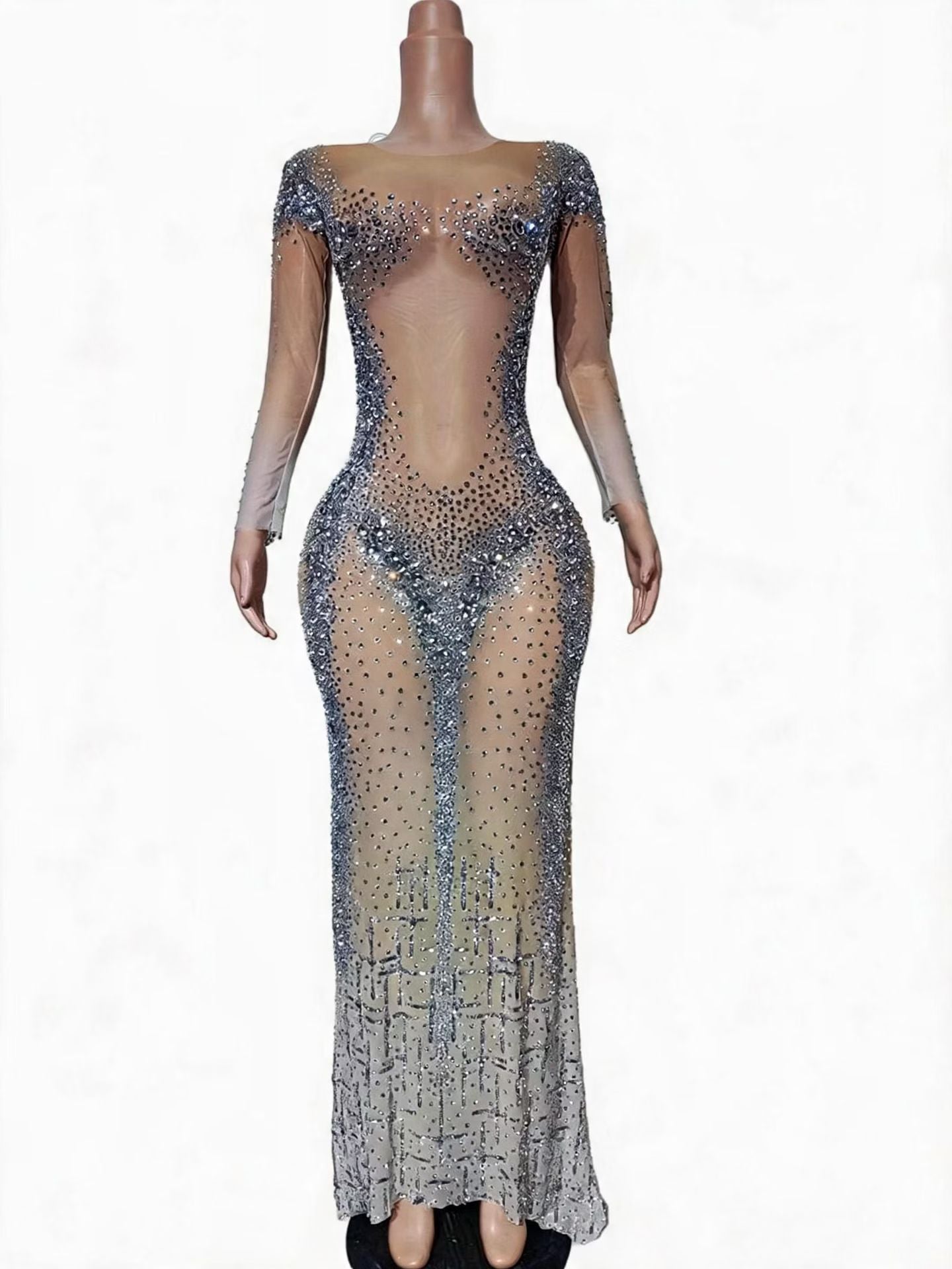 CELESINYI Suiying Crystal Liquid Silver Naked Dress