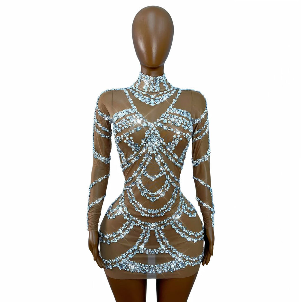 CELESINYI Zhenzhulian Crystal Pearl Long Sleeve Mini Dress