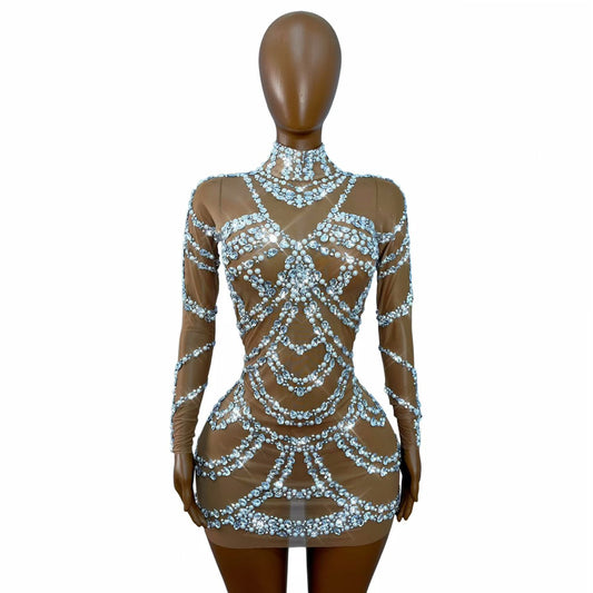 CELESINYI Zhenzhulian Crystal Pearl Long Sleeve Mini Dress