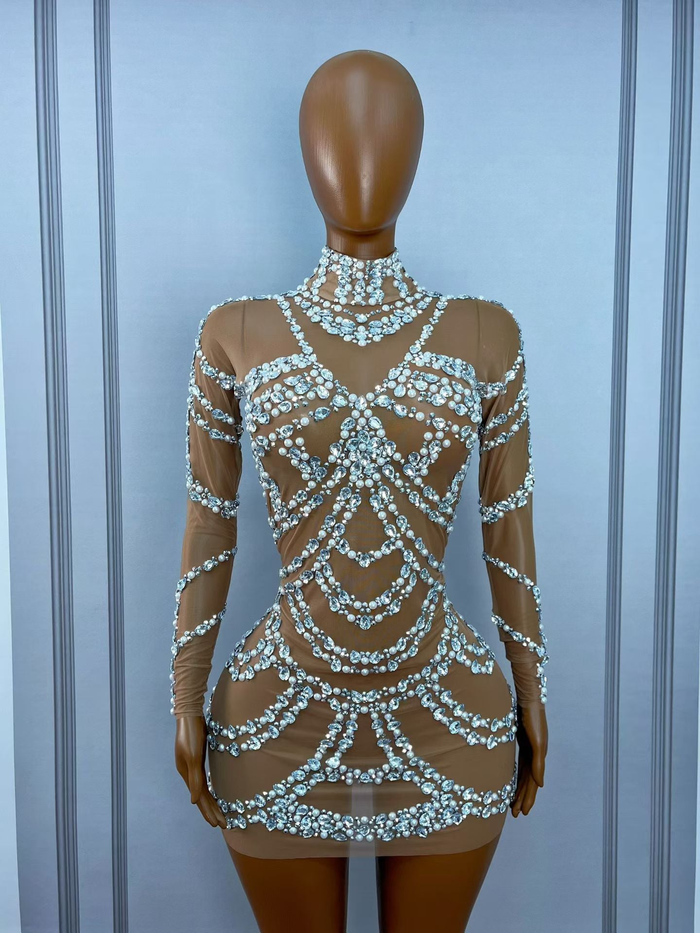 CELESINYI Zhenzhulian Crystal Pearl Long Sleeve Mini Dress