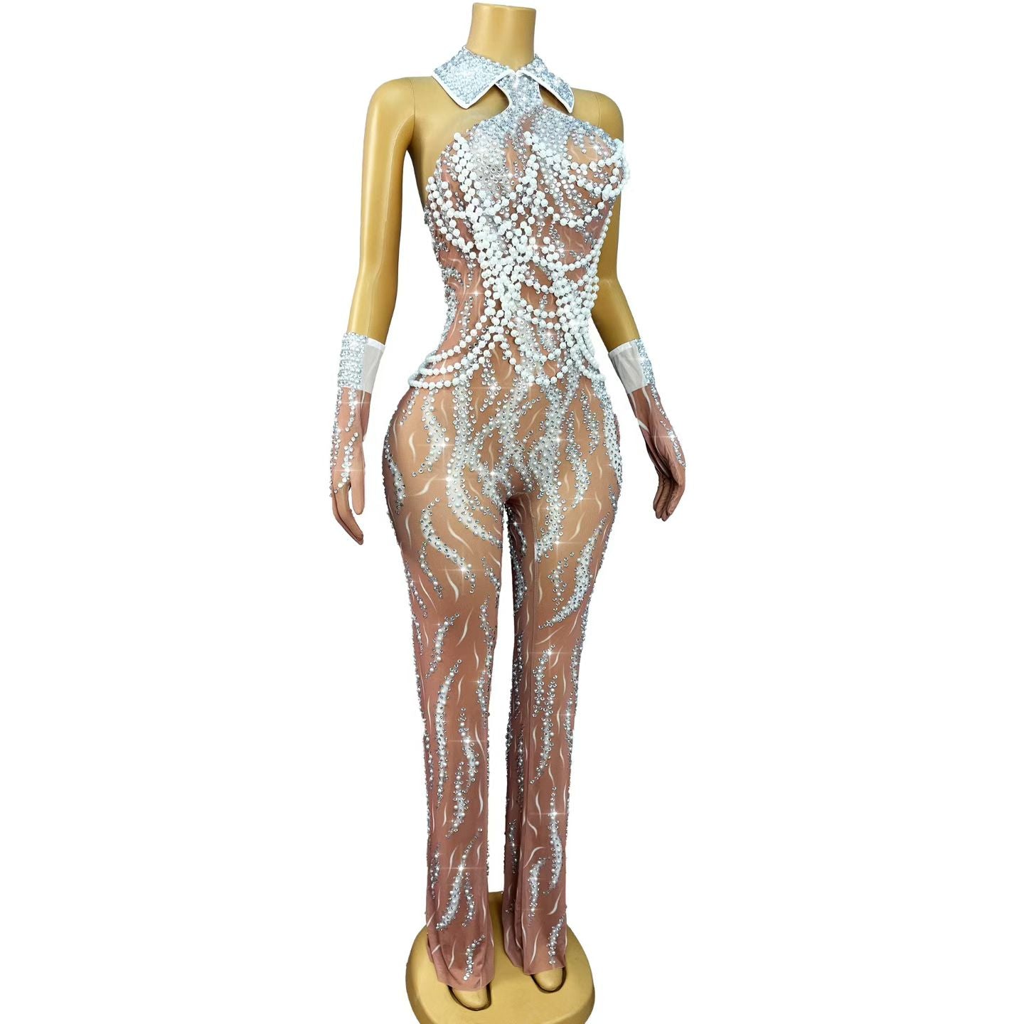 CELESINYI Yuezhu Crystal Pearl Fringe High Collar Gown