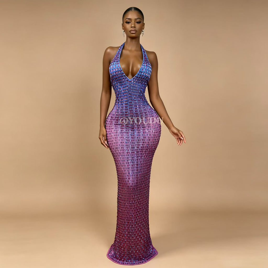 CELESINYI Binghuojia Crystal Gradient Halter Gown