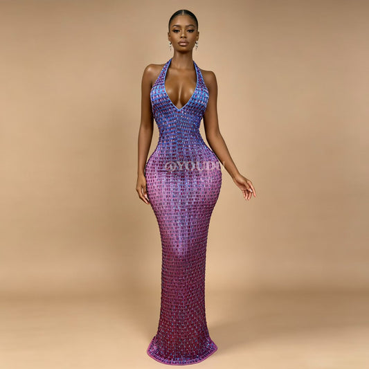 CELESINYI Binghuojia Crystal Gradient Halter Gown